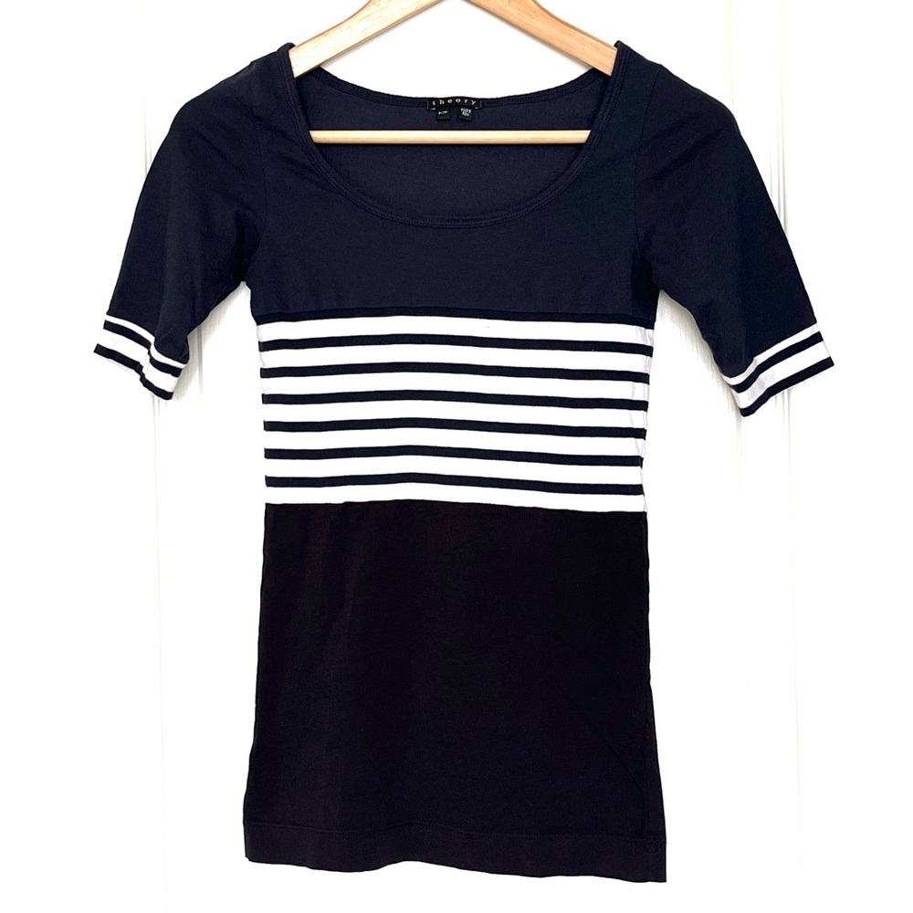 Theory Black & White Striped Colorblock Short Sleeve Top Size XS Nautical